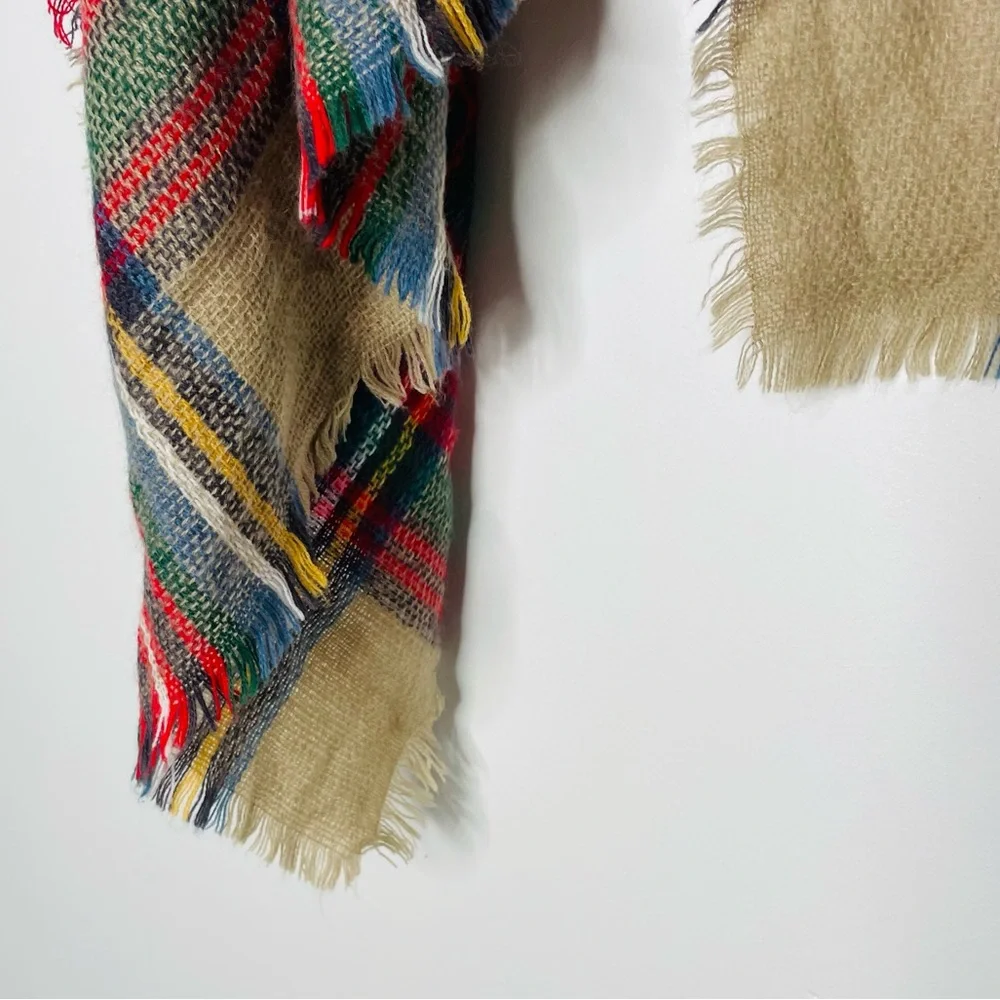 Vintage plaid multicolor blanket scarf fringe detailing perfect for Fall Winter